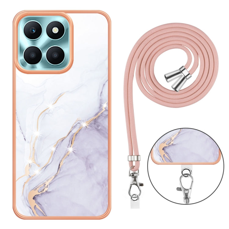 For Honor X6a Electroplating Marble Dual-side IMD Phone Case with Lanyard(White 006)