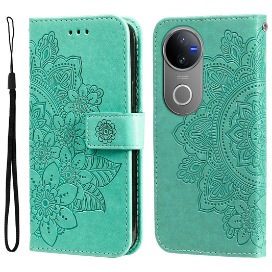 For vivo V50 Seven-petal Flowers Embossing Leather Phone Case(Green)