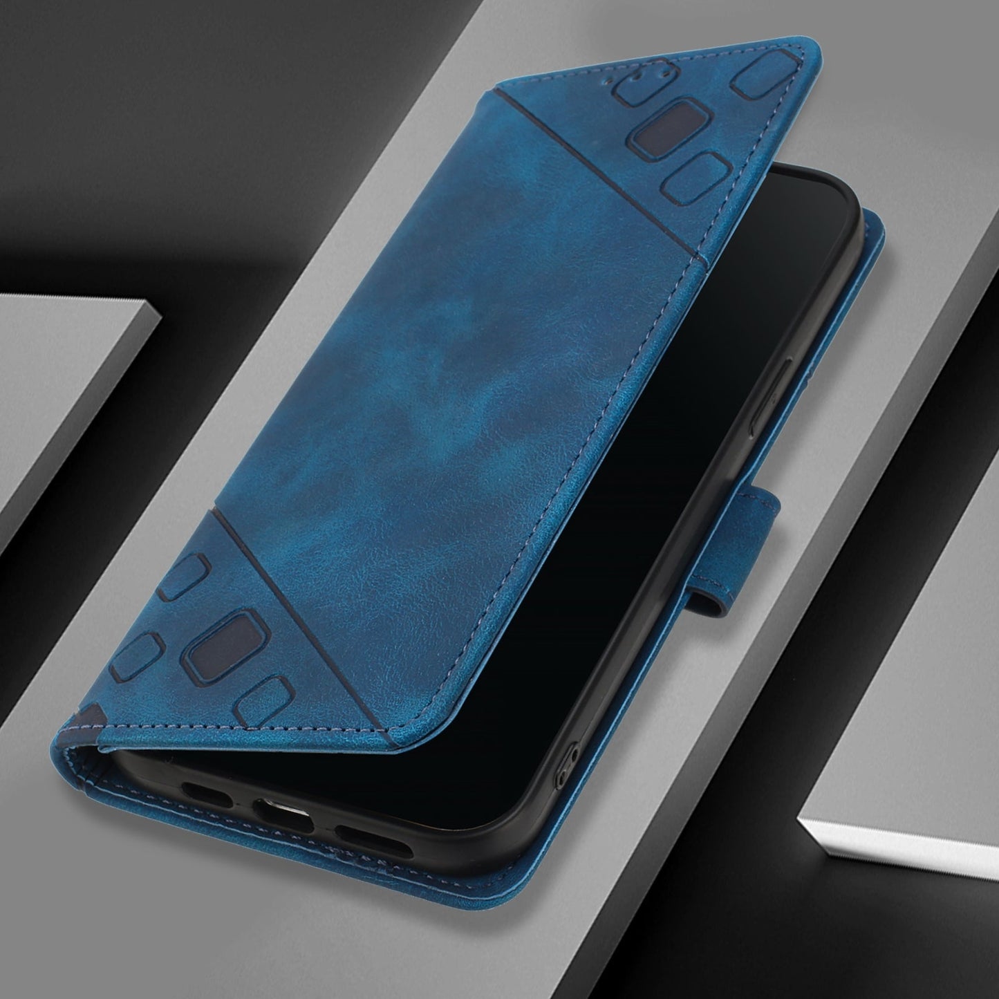 For iPhone 16e Skin-feel Embossed Leather Phone Case(Blue)