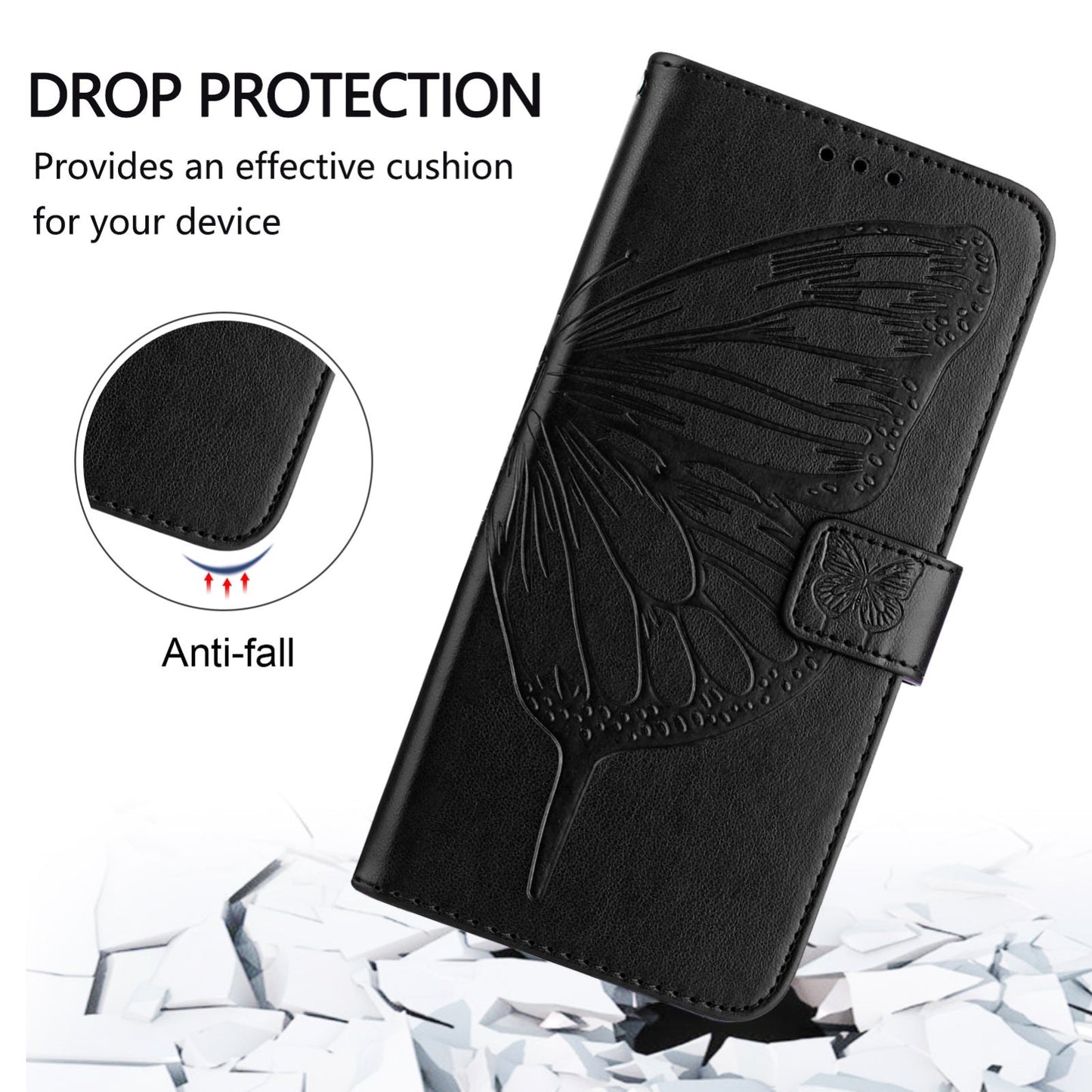 For iPhone 16e Embossed Butterfly Leather Phone Case(Black)