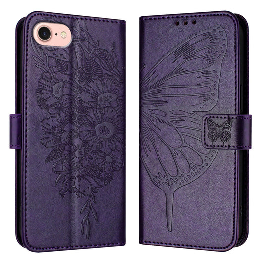 For iPhone 16e Embossed Butterfly Leather Phone Case(Dark Purple)