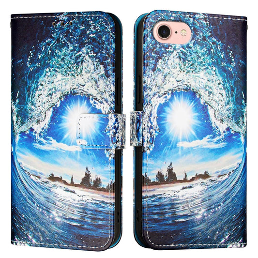 For iPhone 16e Colored Drawing Pattern Plain Weave Leather Phone Case(Waves And Sun)