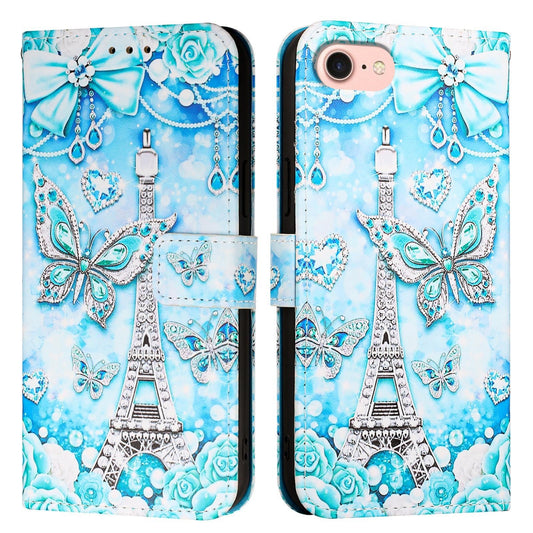 For iPhone 16e Colored Drawing Pattern Plain Weave Leather Phone Case(Tower Butterfly)