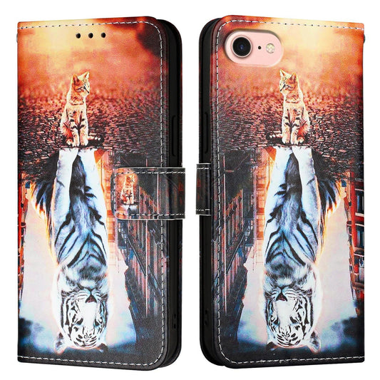 For iPhone 16e Colored Drawing Pattern Plain Weave Leather Phone Case(Cats And Tigers)