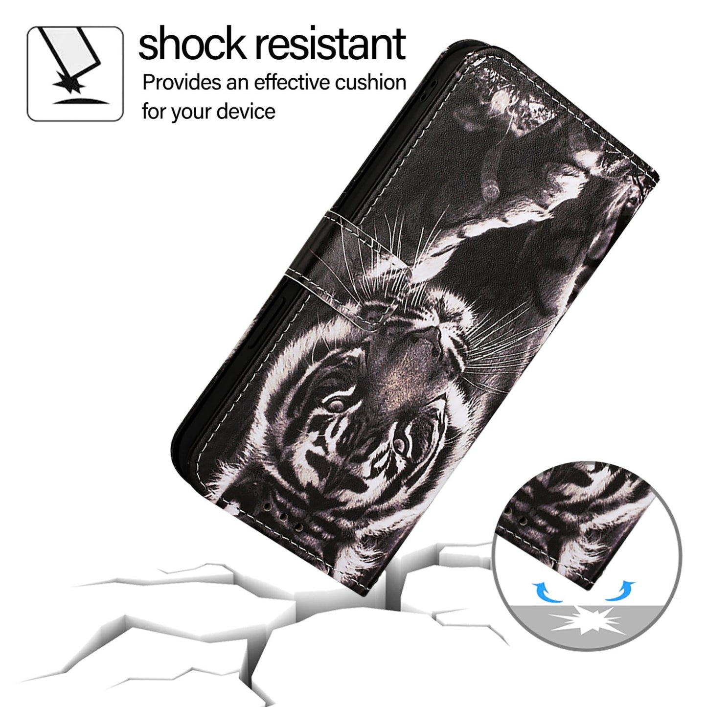 For iPhone 16e Colored Drawing Pattern Plain Weave Leather Phone Case(Black And White Tiger)
