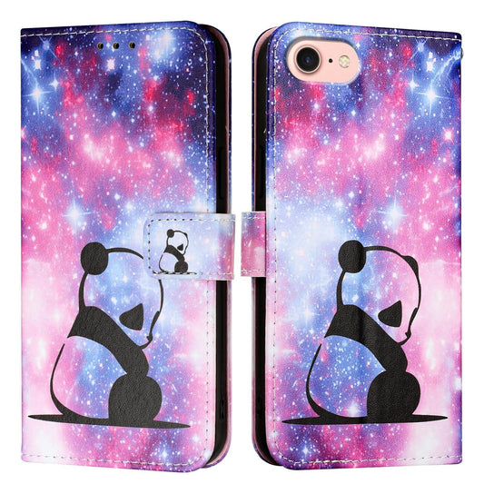 For iPhone 16e Colored Drawing Pattern Plain Weave Leather Phone Case(Baby Panda)