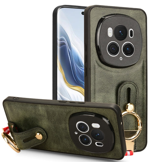 For Honor Magic6 Pro Wristband Leather Back Phone Case(Green)