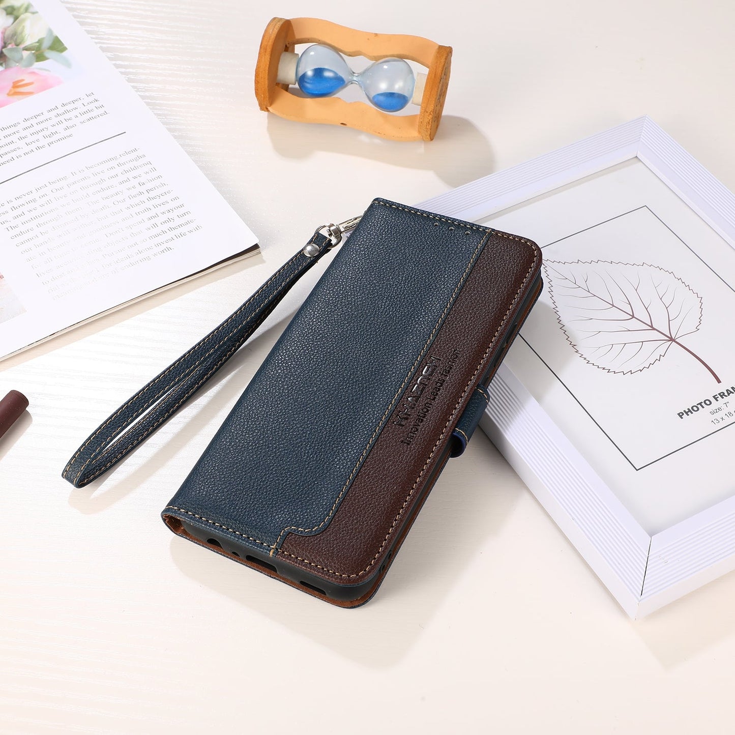 For iPhone 16e KHAZNEH Litchi Texture Leather RFID Phone Case(Blue)