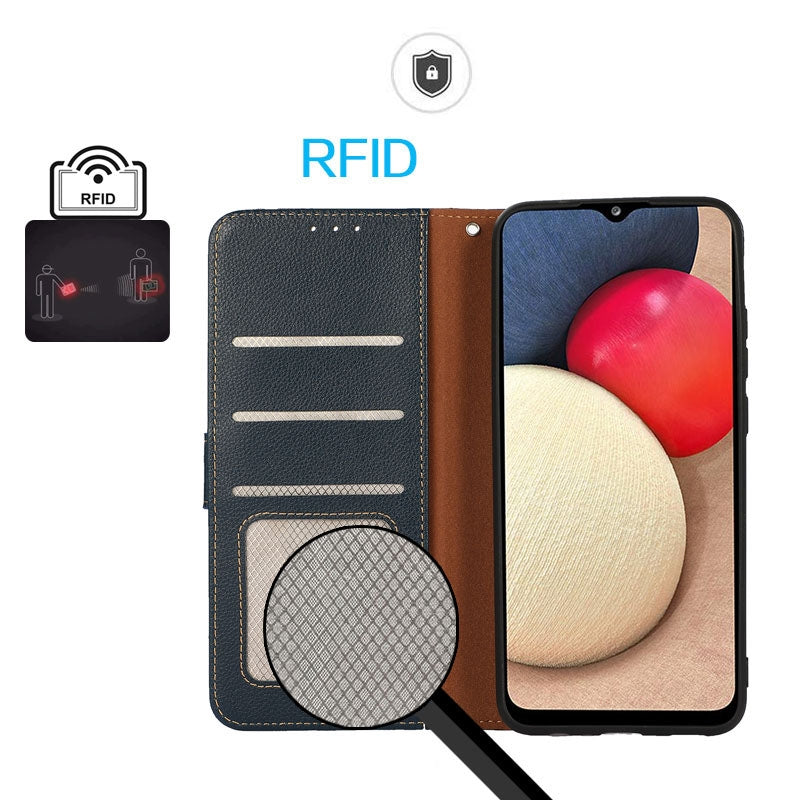 For iPhone 16e KHAZNEH Litchi Texture Leather RFID Phone Case(Blue)