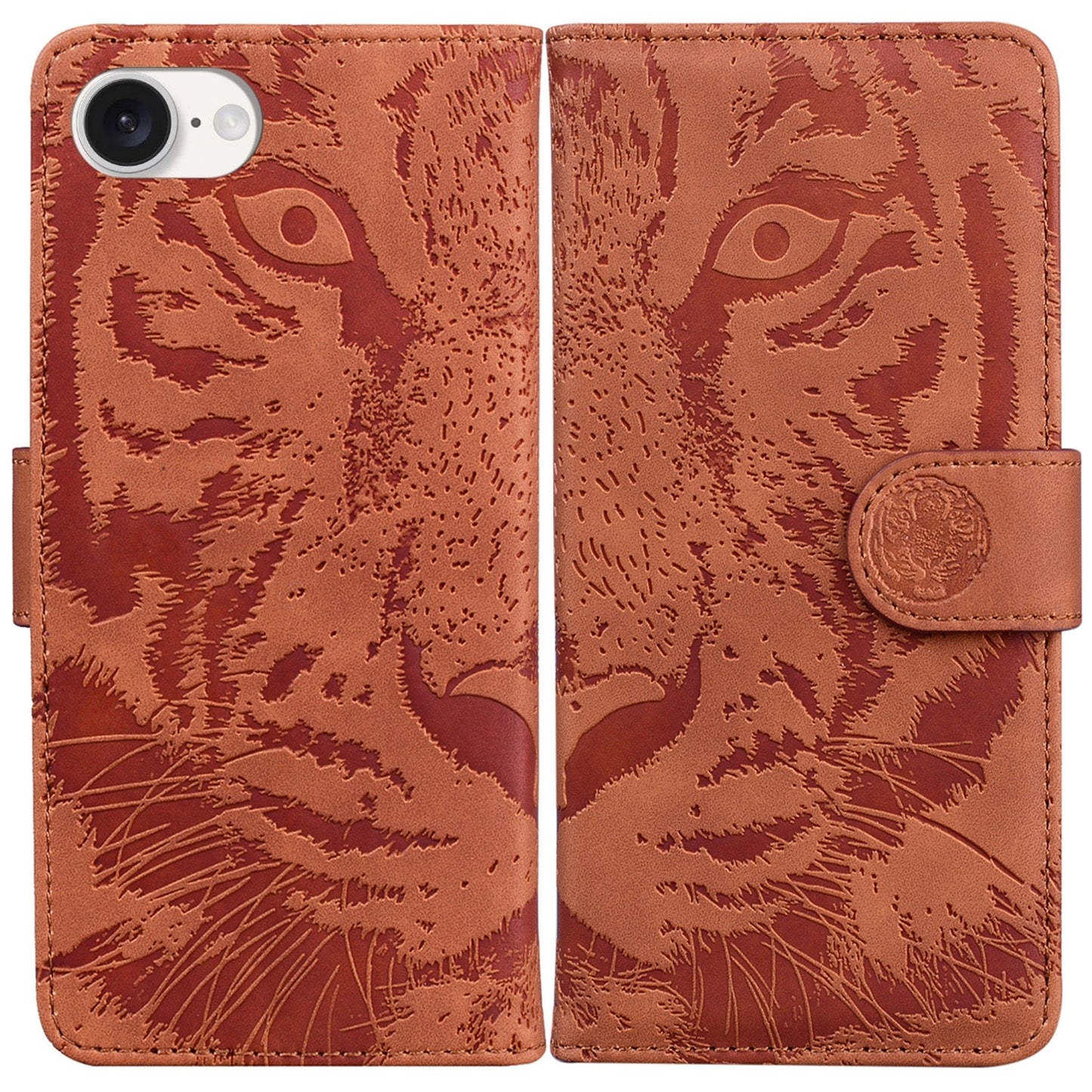 For iPhone 16e Tiger Embossing Pattern Leather Phone Case(Brown)