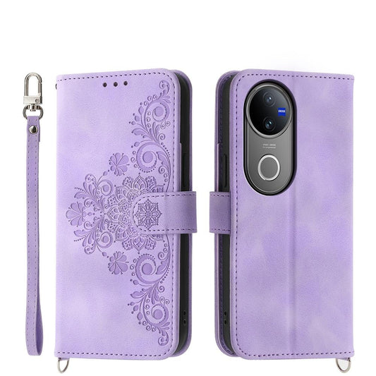 For vivo V50 Skin Feel Flowers Embossed Wallet Leather Phone Case(Purple)