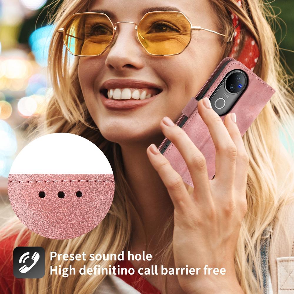 For vivo V50 Skin Feel Flowers Embossed Wallet Leather Phone Case(Pink)