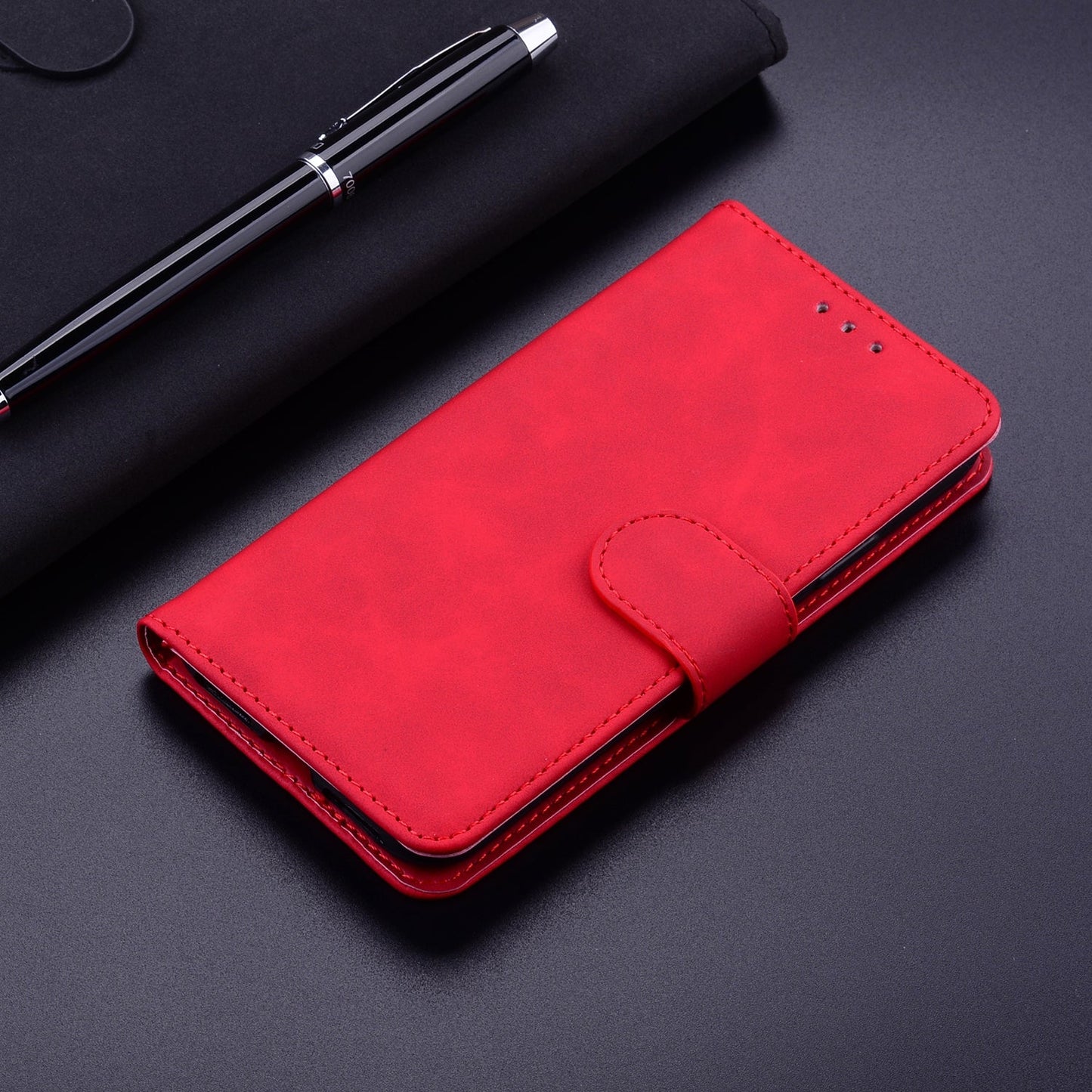 For iPhone 16e Skin Feel Pure Color Flip Leather Phone Case(Red)
