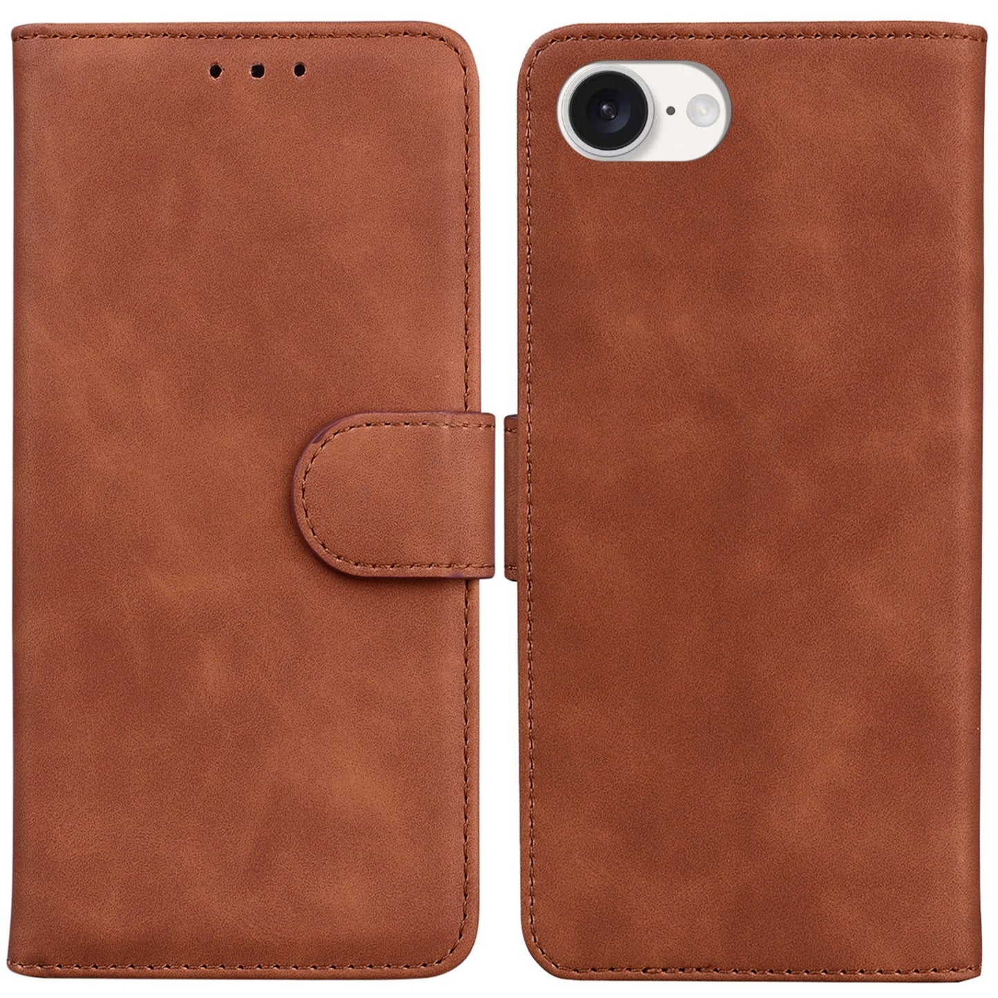 For iPhone 16e Skin Feel Pure Color Flip Leather Phone Case(Brown)
