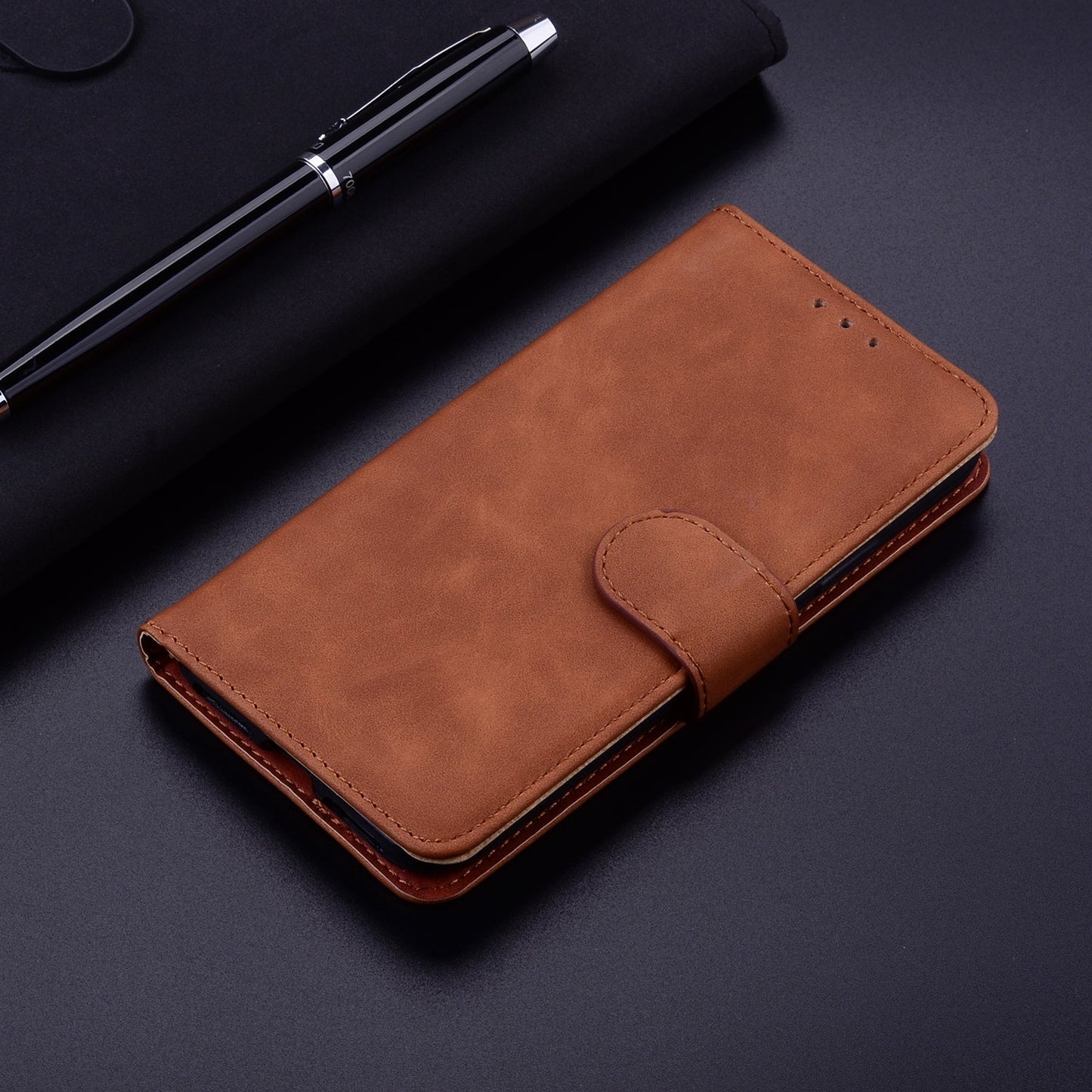 For iPhone 16e Skin Feel Pure Color Flip Leather Phone Case(Brown)