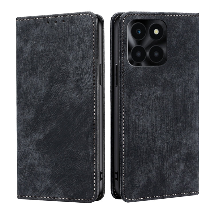 For Honor X6a 4G RFID Anti-theft Brush Magnetic Leather Phone Case(Black)
