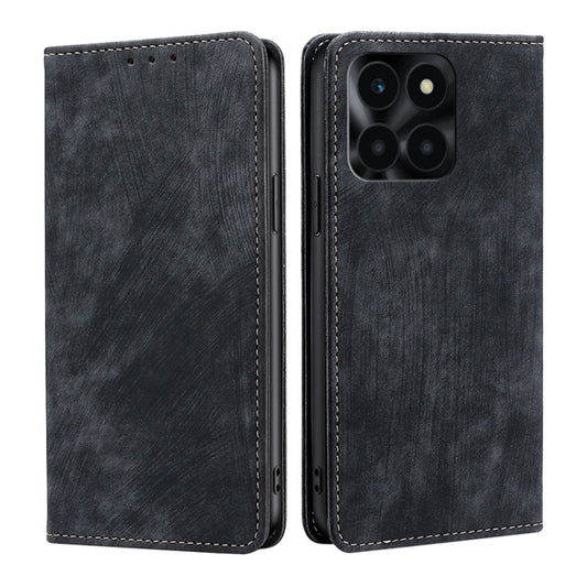 For Honor X6a 4G RFID Anti-theft Brush Magnetic Leather Phone Case(Black)