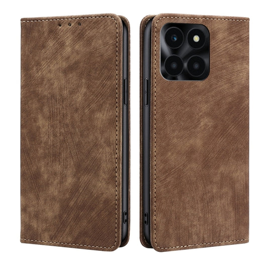 For Honor X6a 4G RFID Anti-theft Brush Magnetic Leather Phone Case(Brown)