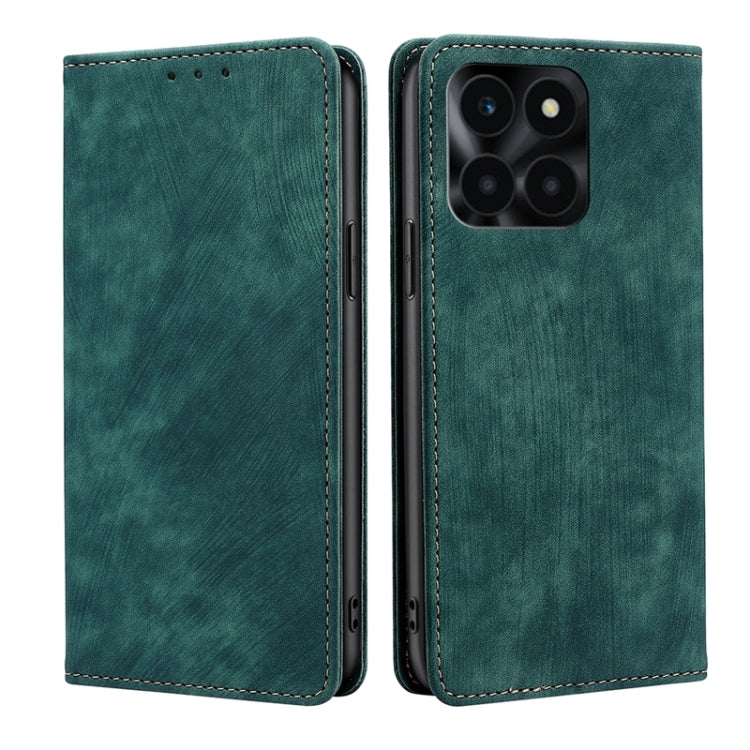 For Honor X6a 4G RFID Anti-theft Brush Magnetic Leather Phone Case(Green)