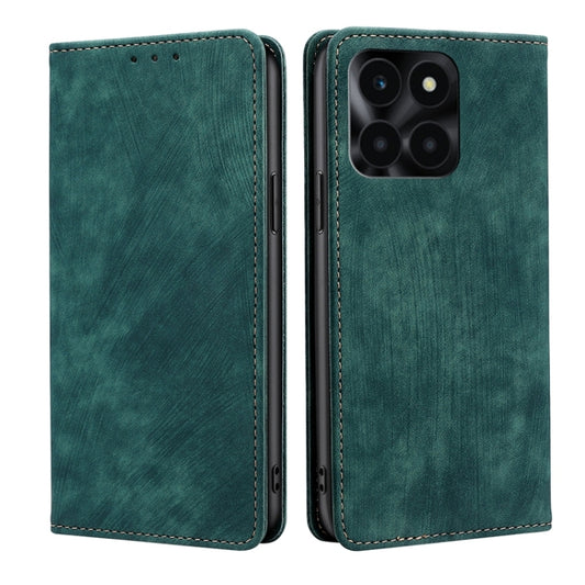 For Honor X6a 4G RFID Anti-theft Brush Magnetic Leather Phone Case(Green)