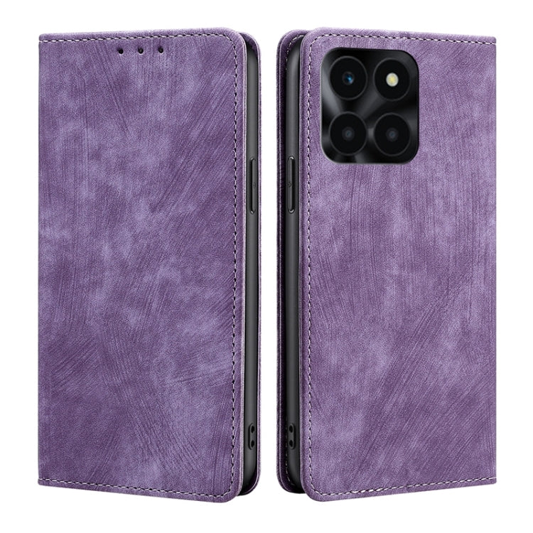 For Honor X6a 4G RFID Anti-theft Brush Magnetic Leather Phone Case(Purple)