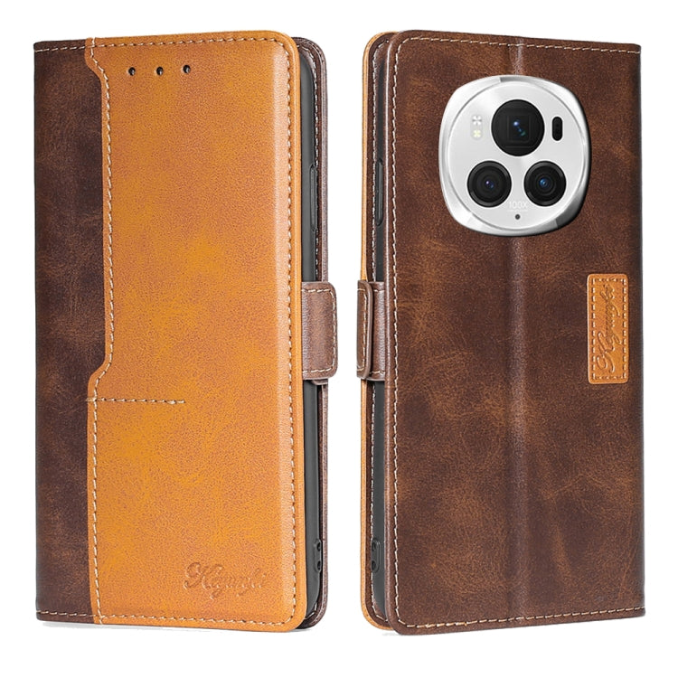 For Honor Magic6 Pro Contrast Color Side Buckle Leather Phone Case(Dark Brown + Gold)