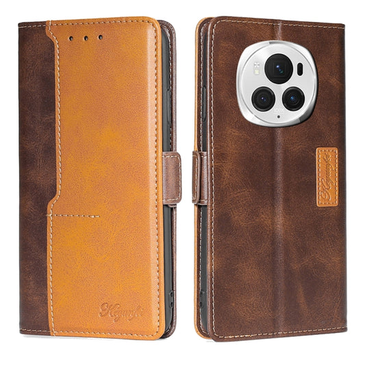 For Honor Magic6 Pro Contrast Color Side Buckle Leather Phone Case(Dark Brown + Gold)