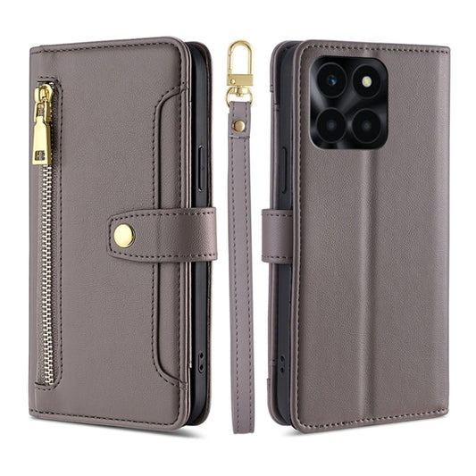 For Honor X6a 4G Sheep Texture Cross-body Zipper Wallet Leather Phone Case(Grey)