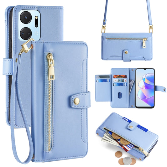 For Honor X7a Sheep Texture Cross-body Zipper Wallet Leather Phone Case(Blue)
