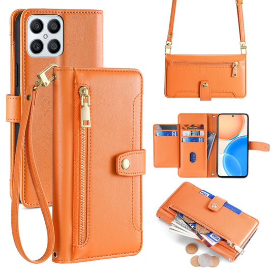 For Honor X8 Sheep Texture Cross-body Zipper Wallet Leather Phone Case(Orange)