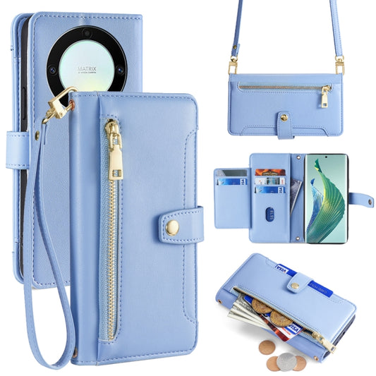 For Honor X9a Sheep Texture Cross-body Zipper Wallet Leather Phone Case(Blue)