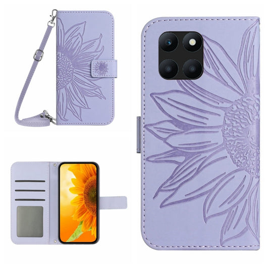 For Honor X8b Skin Feel Sun Flower Pattern Leather Phone Case with Lanyard(Purple)