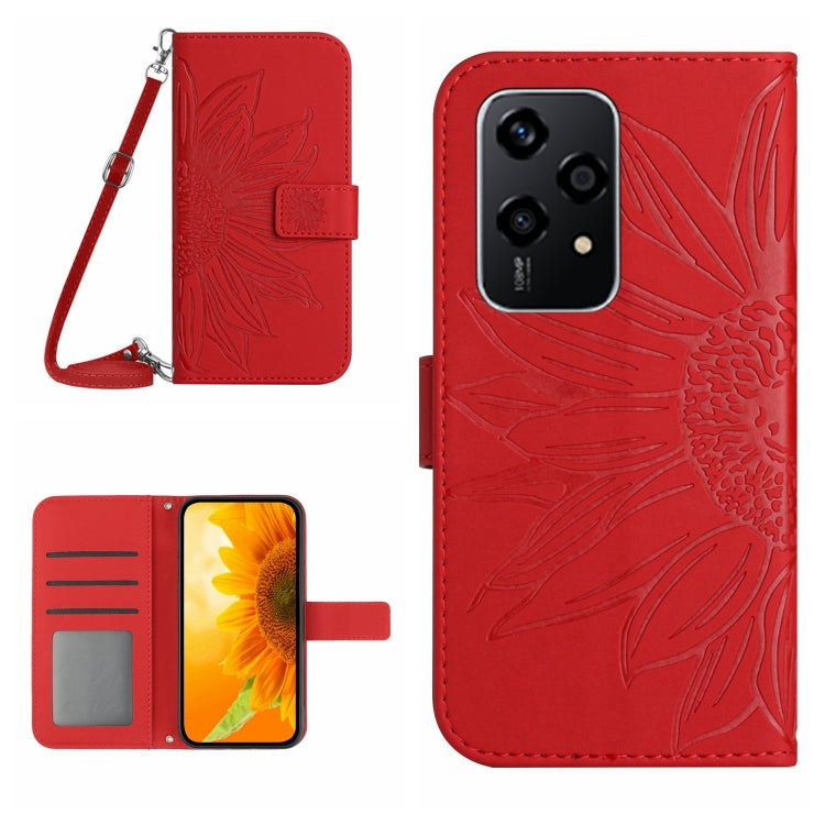 For Honor 200 Lite Global Skin Feel Sun Flower Pattern Leather Phone Case with Lanyard(Red)