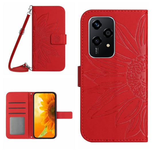 For Honor 200 Lite Global Skin Feel Sun Flower Pattern Leather Phone Case with Lanyard(Red)