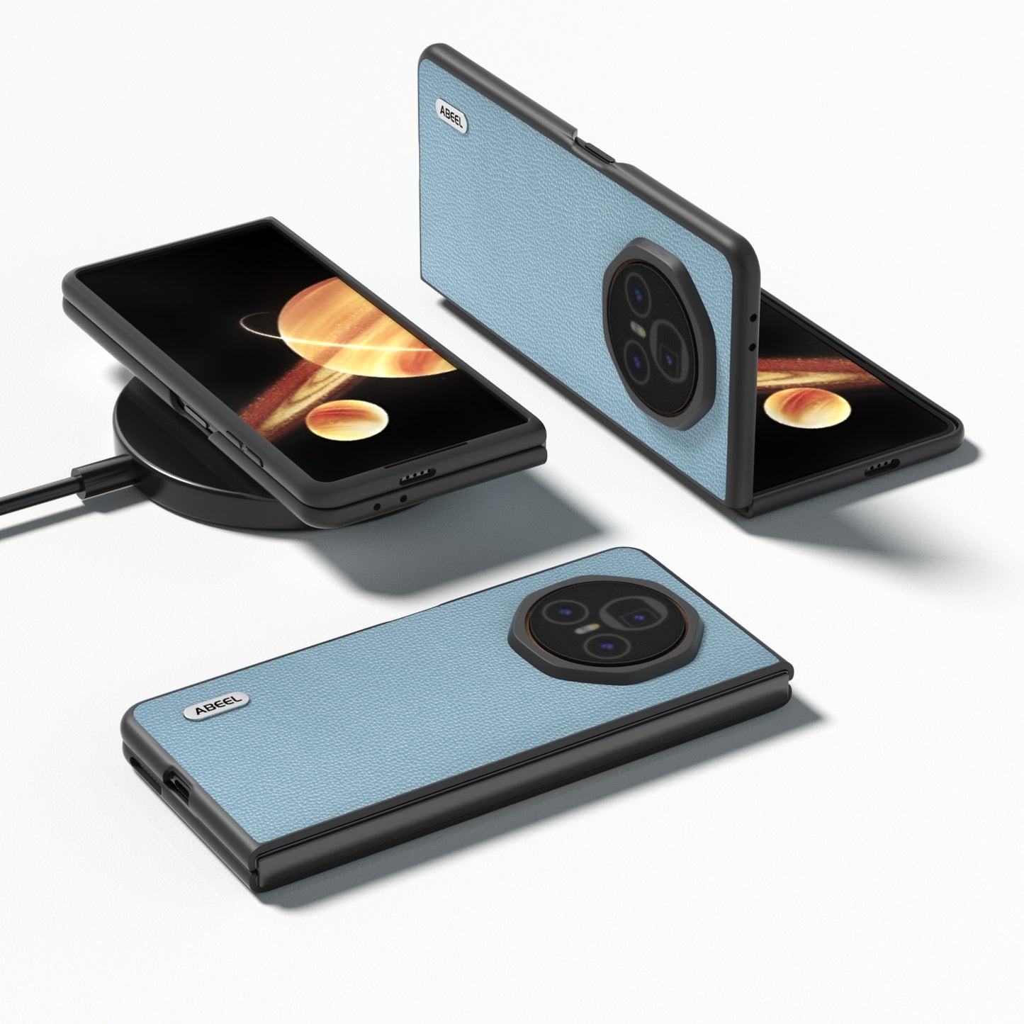 For Honor Magic V3 ABEEL Black Edge Genuine Leather Mino Phone Case(Blue)