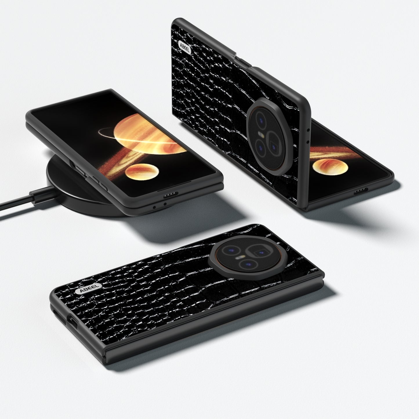 For Honor Magic V3 ABEEL Genuine Leather Crocodile Pattern Black Edge Phone Case(Black)