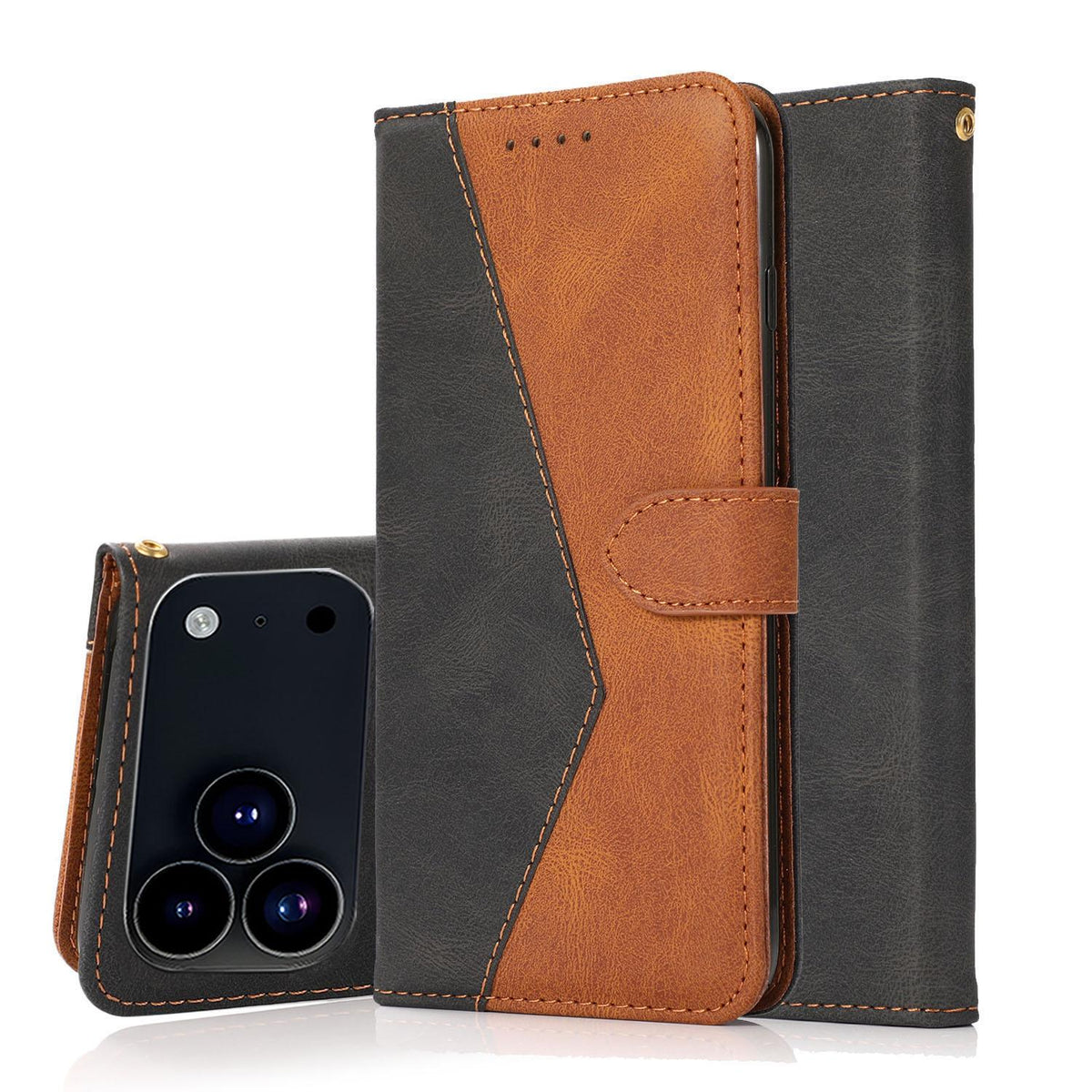 Compatible with iPhone 18 Pro & 17 Pro Dual-color Stitching Leather Phone Case - Black Brown