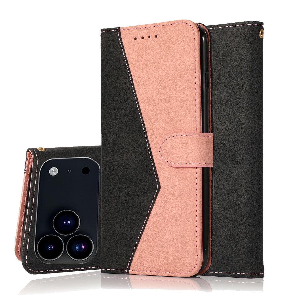 Compatible with iPhone 18 Pro & 17 Pro Dual-color Stitching Leather Phone Case - Black Rose Gold