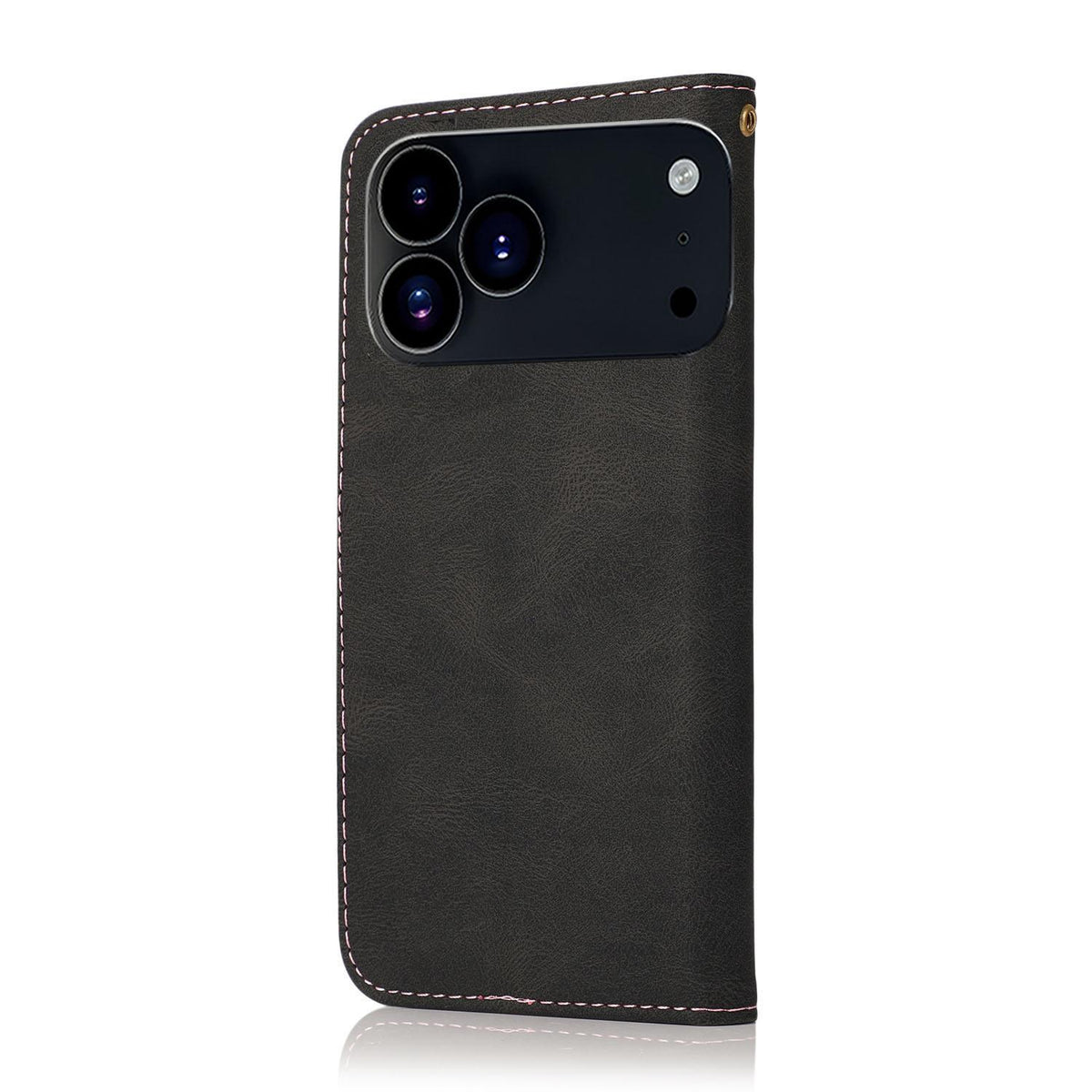 Compatible with iPhone 18 Pro & 17 Pro Dual-color Stitching Leather Phone Case - Black Rose Gold