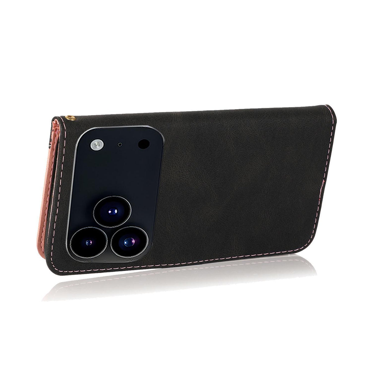 Compatible with iPhone 18 Pro & 17 Pro Dual-color Stitching Leather Phone Case - Black Rose Gold