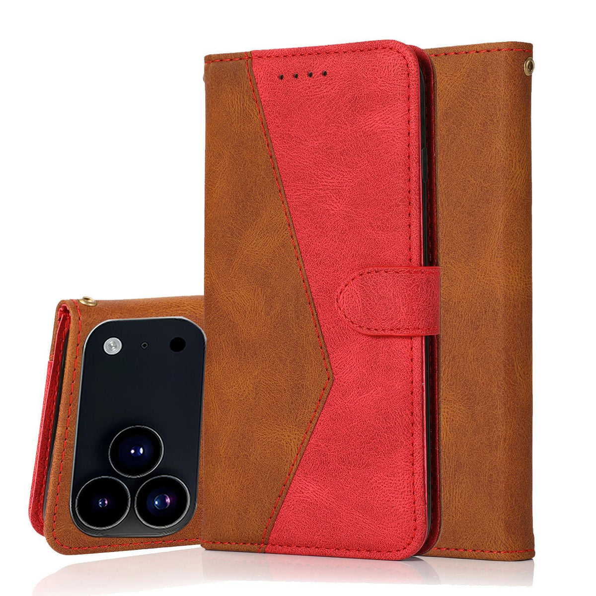 Compatible with iPhone 18 Pro & 17 Pro Dual-color Stitching Leather Phone Case - Brown Red