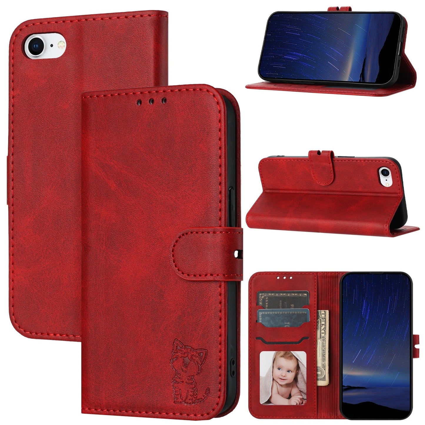 For iPhone 16e Embossed Happy Cat Pattern Flip Leather Phone Case(Red)