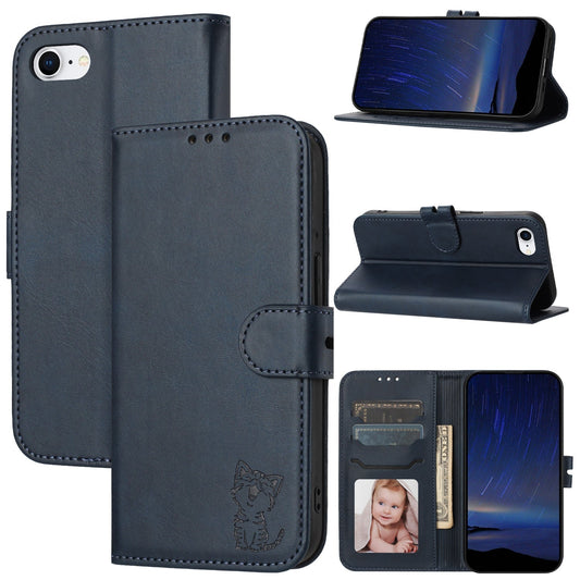 For iPhone 16e Embossed Happy Cat Pattern Flip Leather Phone Case(Blue)