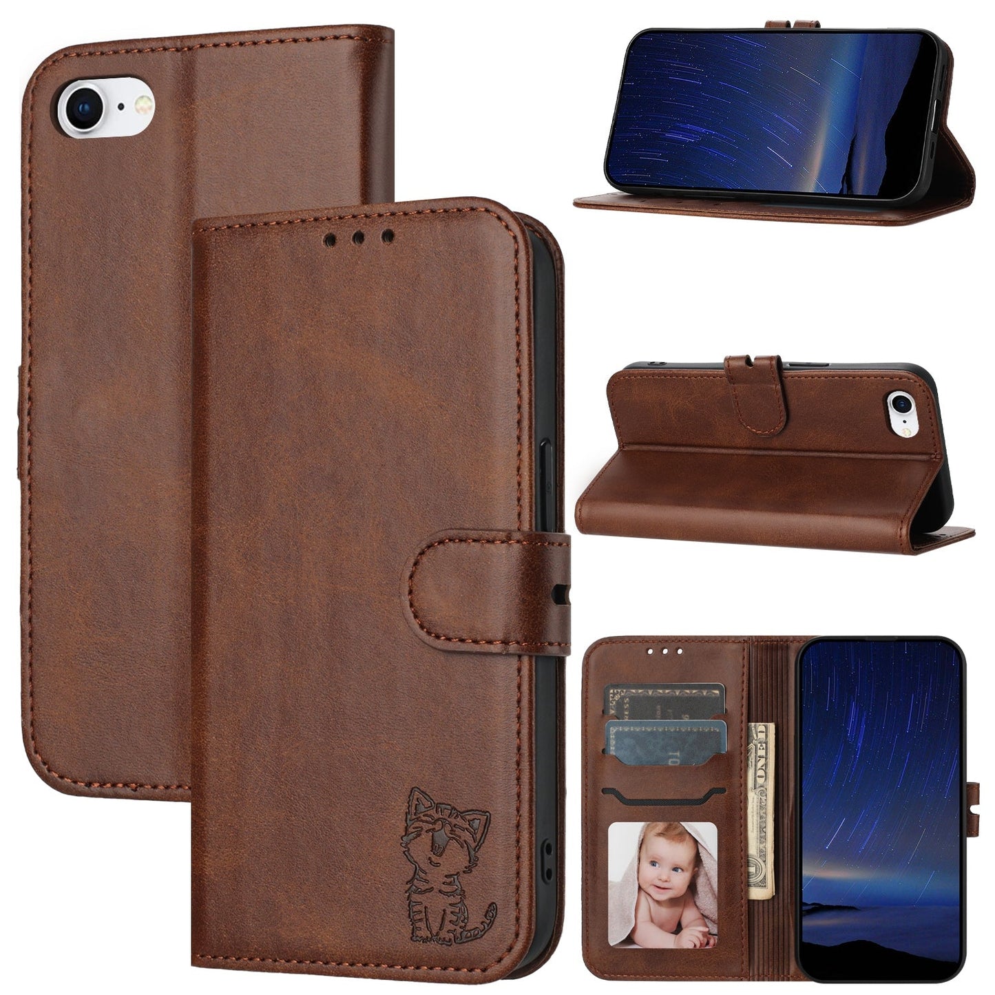 For iPhone 16e Embossed Happy Cat Pattern Flip Leather Phone Case(Brown)