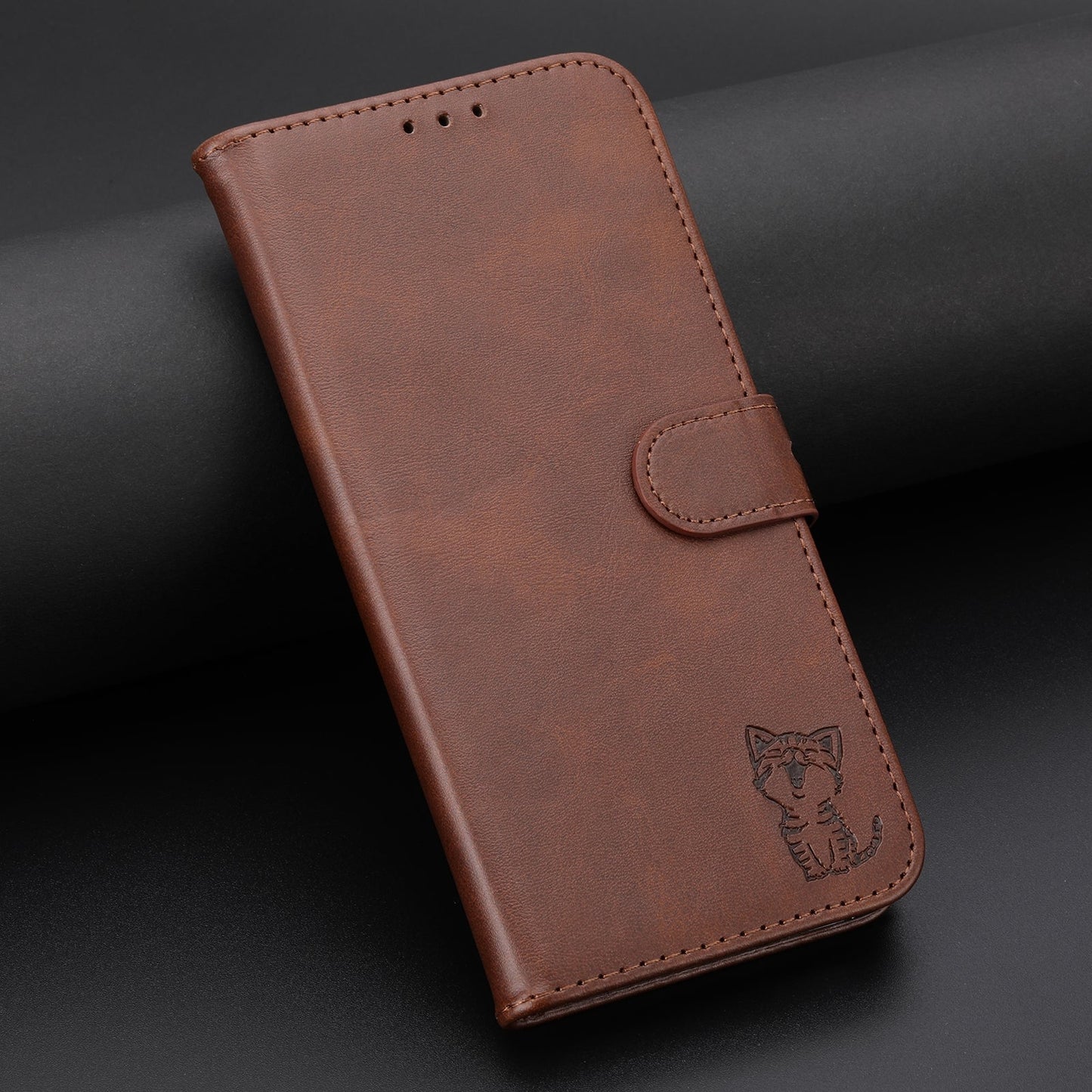 For iPhone 16e Embossed Happy Cat Pattern Flip Leather Phone Case(Brown)