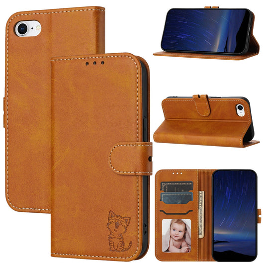 For iPhone 16e Embossed Happy Cat Pattern Flip Leather Phone Case(Yellow)