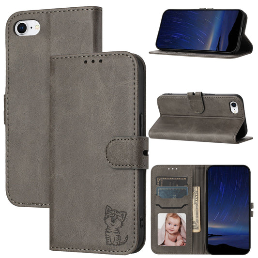 For iPhone 16e Embossed Happy Cat Pattern Flip Leather Phone Case(Grey)