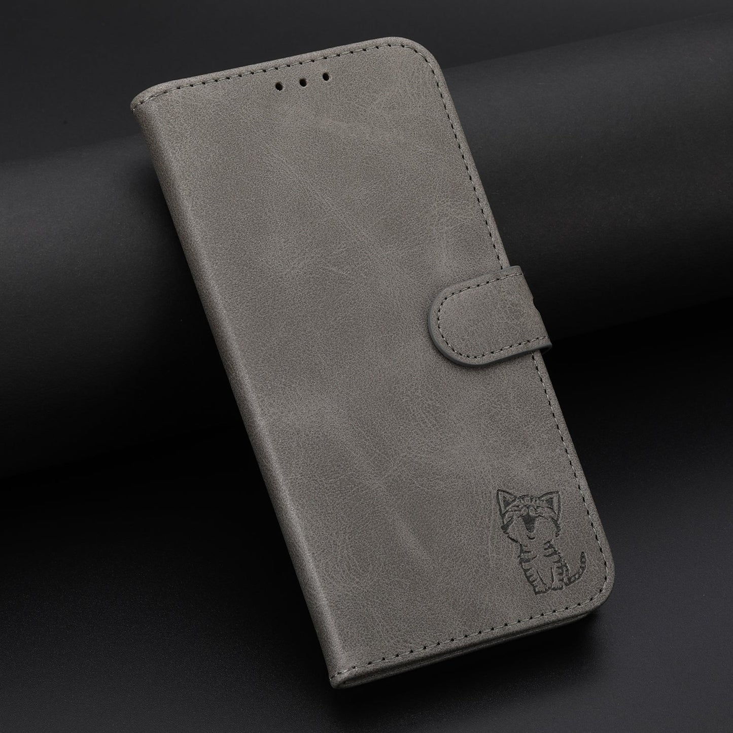 For iPhone 16e Embossed Happy Cat Pattern Flip Leather Phone Case(Grey)