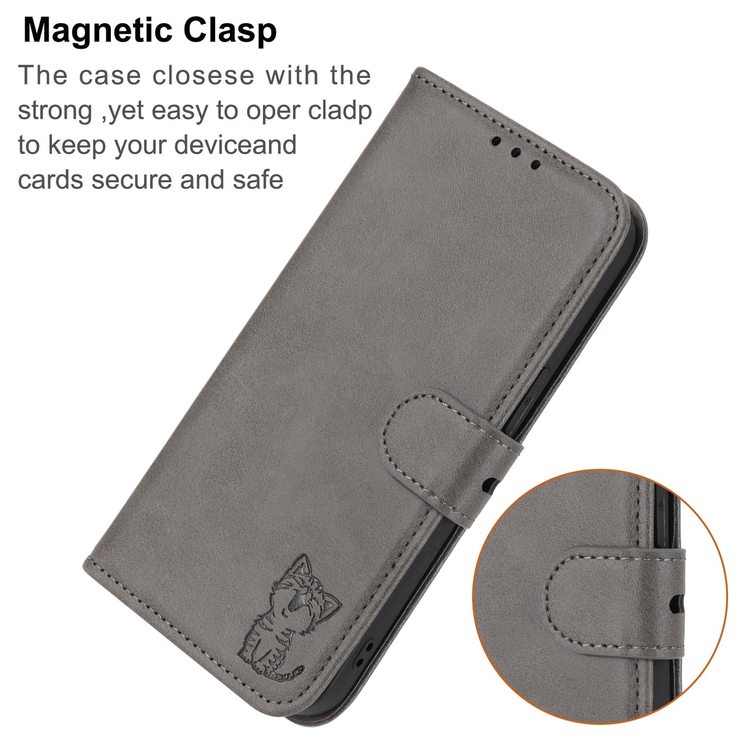 For iPhone 16e Embossed Happy Cat Pattern Flip Leather Phone Case(Grey)
