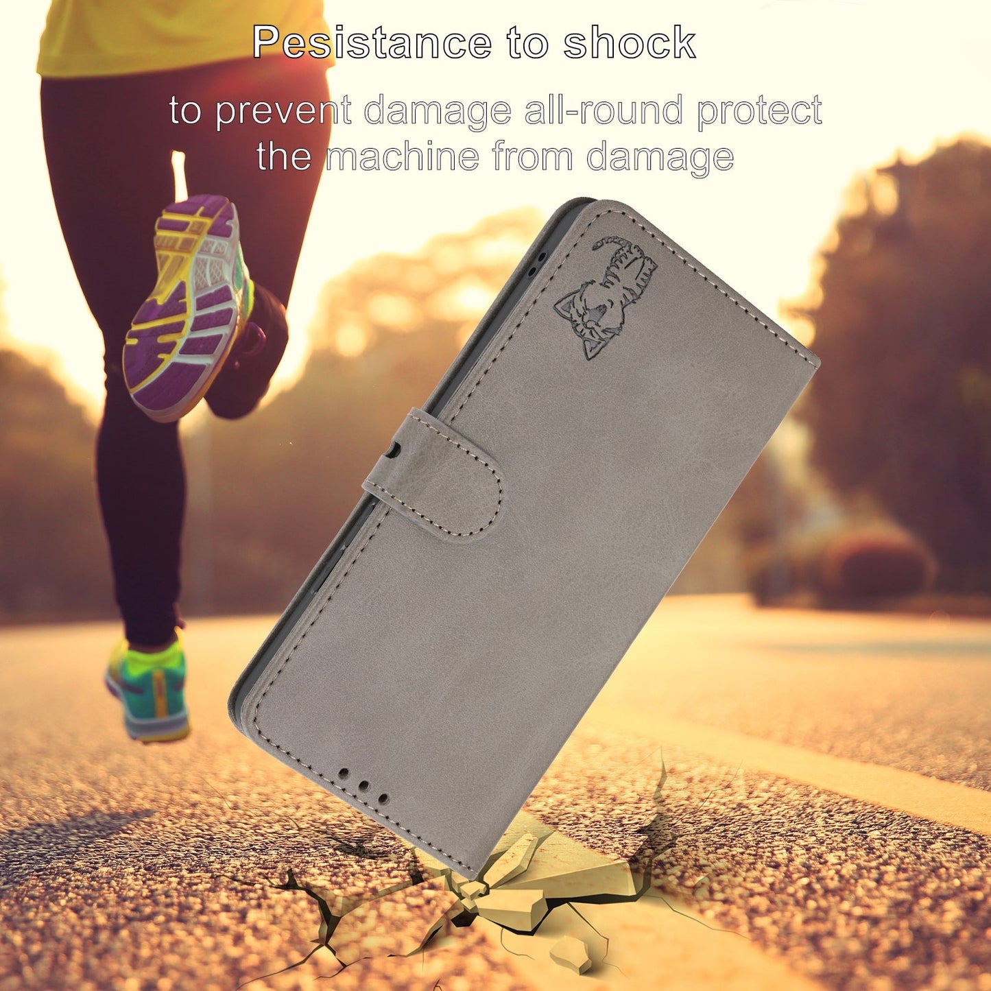 For iPhone 16e Embossed Happy Cat Pattern Flip Leather Phone Case(Grey)
